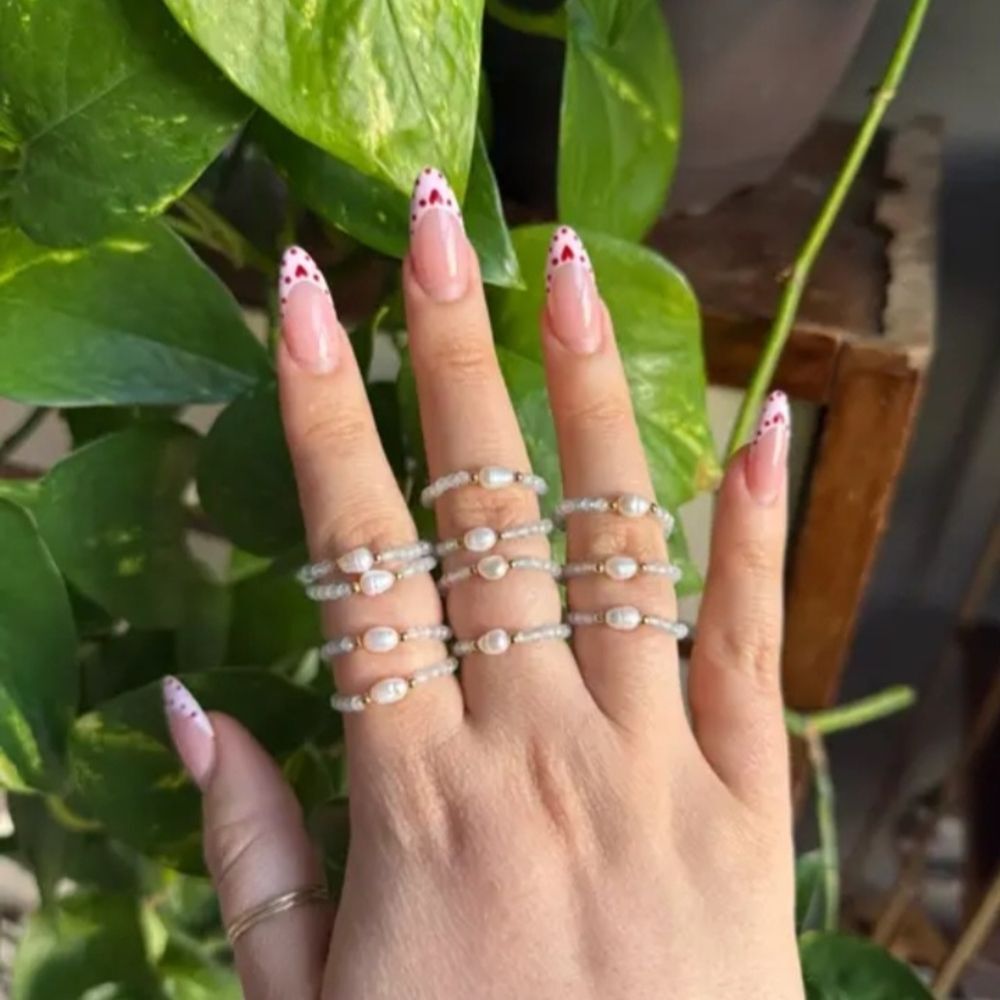 ONE Stretchy Aquamarine And Pearl Ring